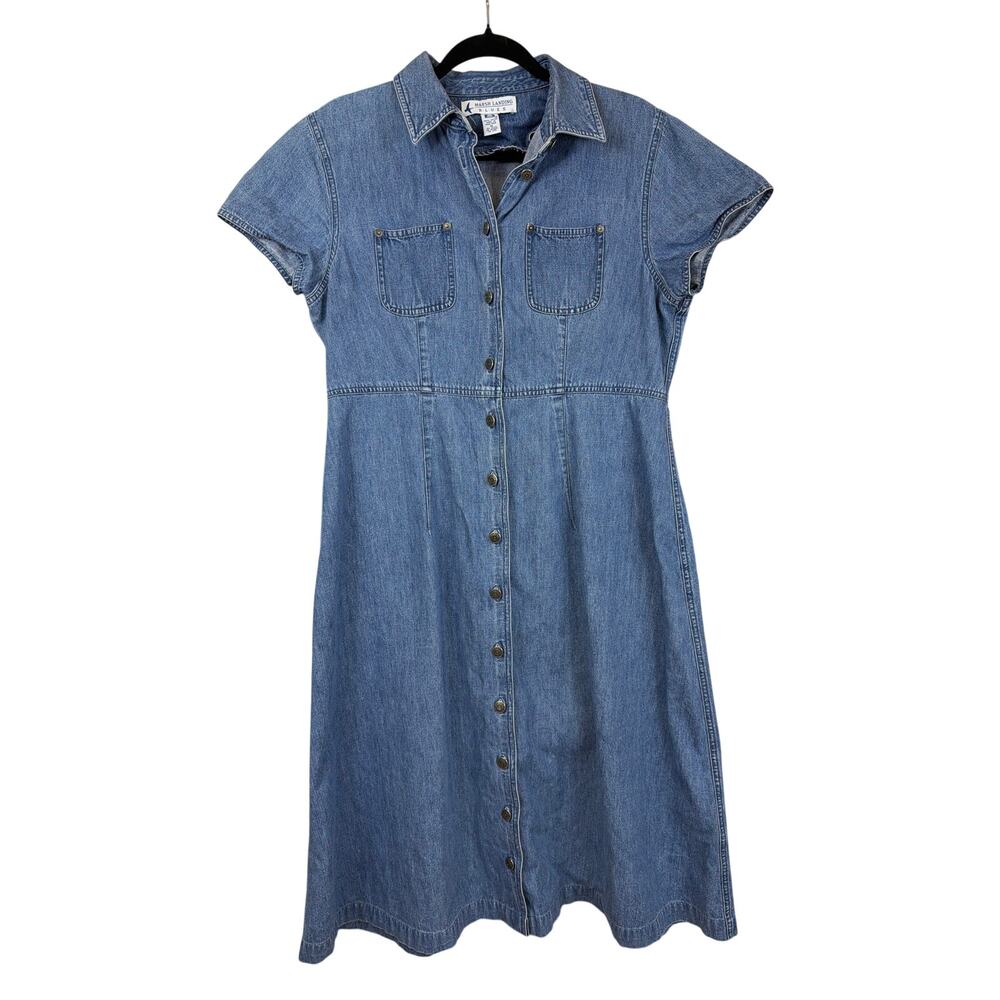 Vintage Marsh Landing Blues Cotton Short Sleeve Button Up Denim Dress Size M